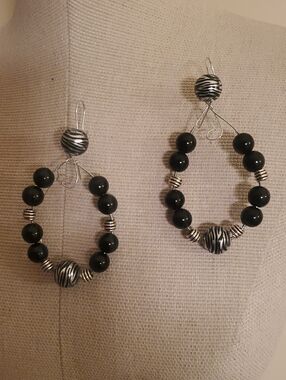 Black and Silver Bead Teardrop Earrings - Unbranded